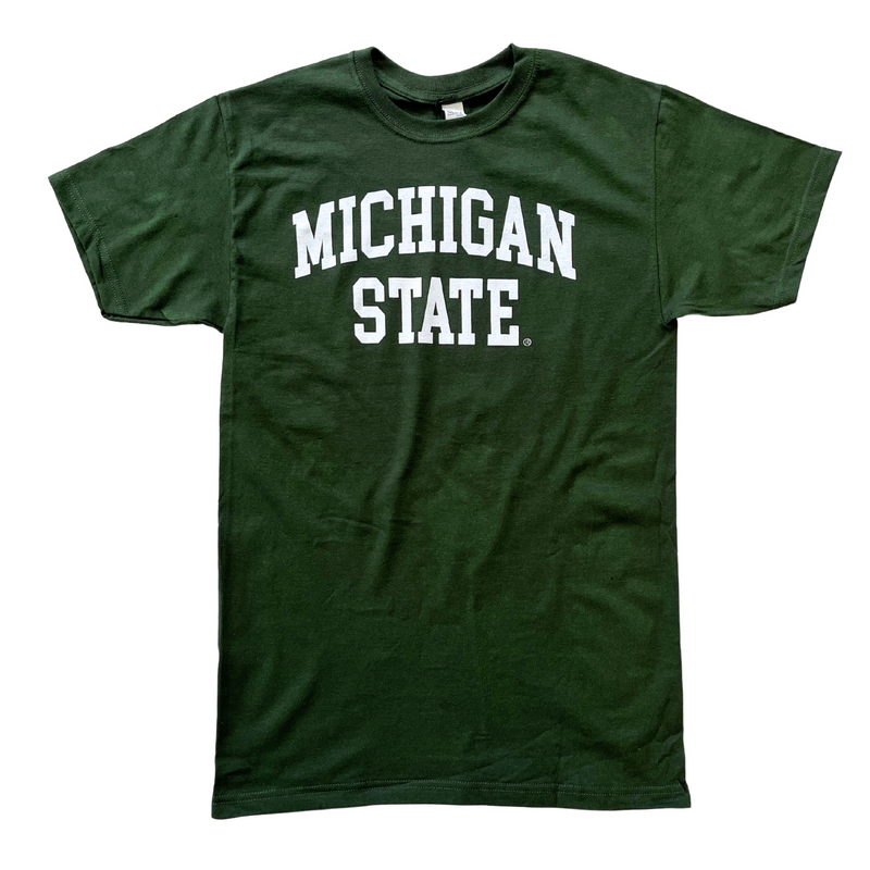 Dark green crewneck, short-sleeve t-shirt. Across center chest, white block letters read "Michigan State"