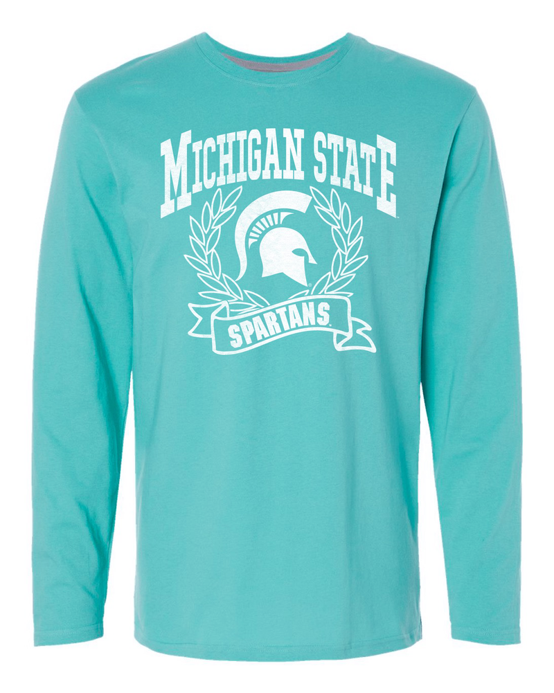 A mint green long sleeve t-shirt with Michigan State Spartans front center design in white. A wreath surrounds a white MSU spartan helmet logo. 