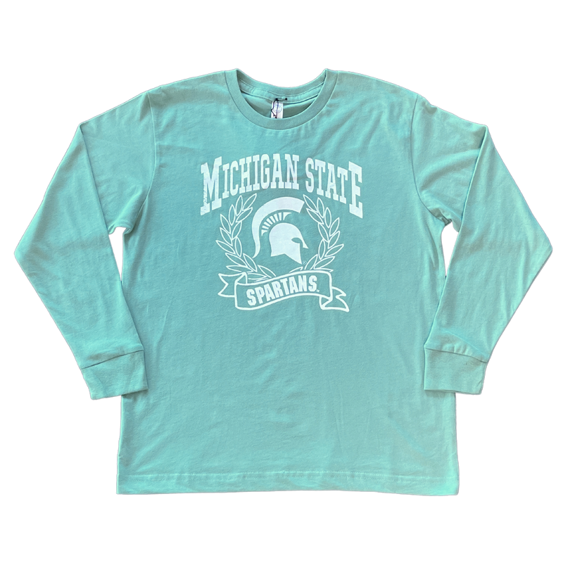 A mint green long sleeve t-shirt with Michigan State Spartans front center design in white. A wreath surrounds a white MSU spartan helmet logo. 