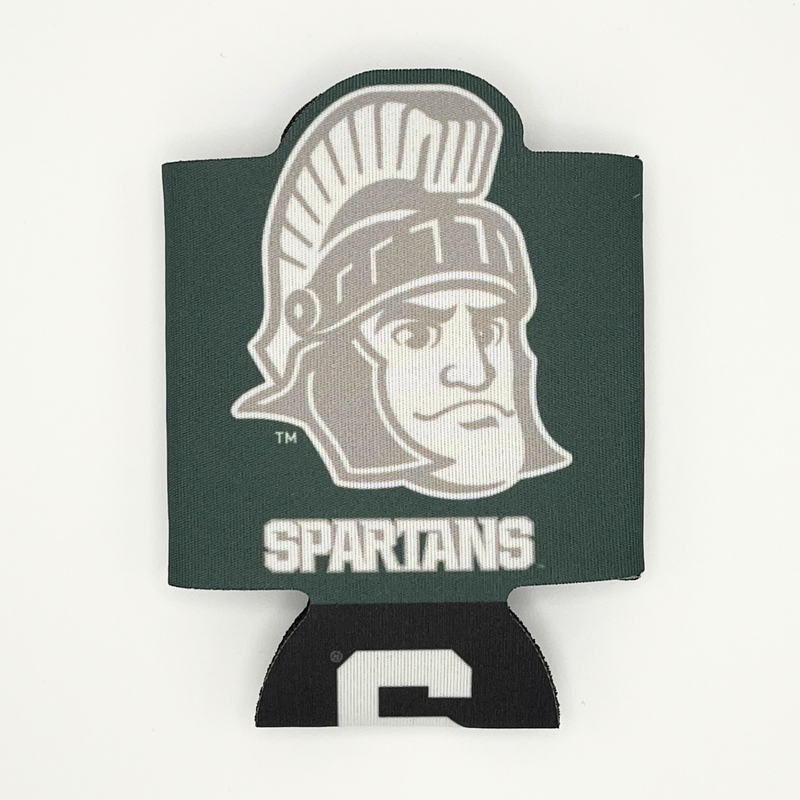 The side of a 12 fluid ounce beverage insulator in dark green with a gray Sparty head logo and the word "Spartans" written on it. 