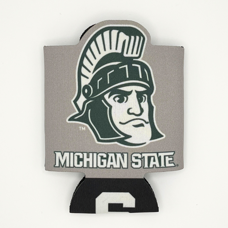 The side of a 12 fluid ounce beverage insulator in gray with a dark green Sparty head logo and the word "Spartans" written on it. 