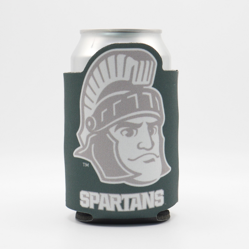 The side of a 12 fluid ounce beverage insulator in dark green with a gray Sparty head logo and the word "Spartans" written on it. 