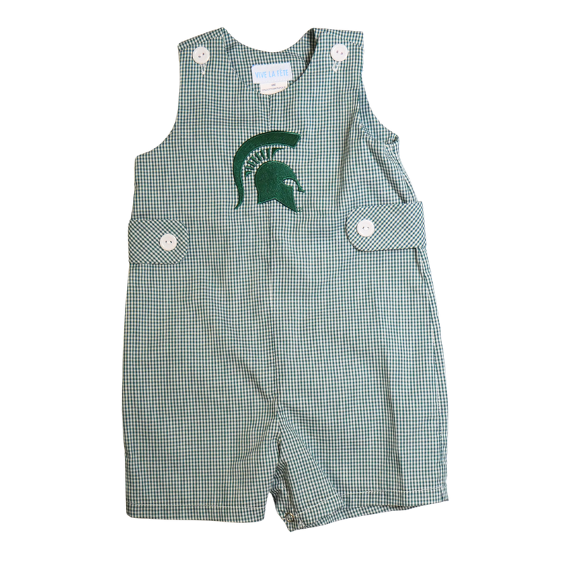 Front of a green and white plaid overall. The overalls feature top shoulder button closures and decorative button sides, with all buttons in white. A dark green Spartan helmet is printed on the center chest.