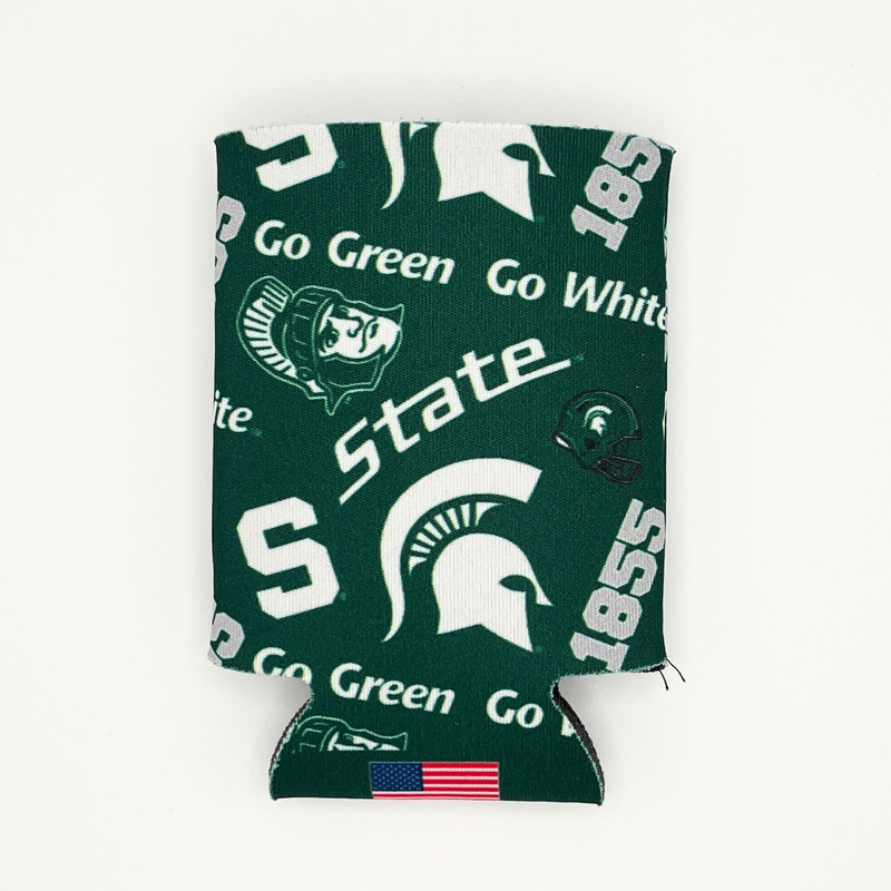 A dark green 12 fluid ounce can cooler with various Michigan State University icons printed on the side of the cooler. Icons shown include "Go Green, Go White", the block S, the MSU spartan helmet logo, 1855, Sparty, and the digital State text. 