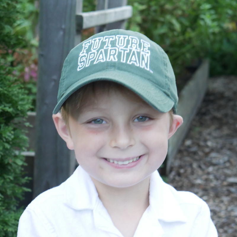 Youth forest green twill hat. White embroidered "FUTURE SPARTAN" in capital block lettering on front panel. 