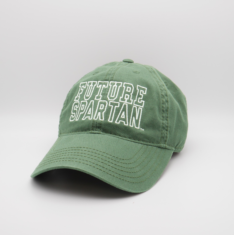 Youth forest green twill hat. White embroidered "FUTURE SPARTAN" in capital block lettering on front panel. 