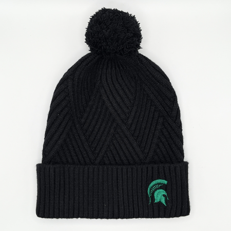 Black knit beanie style hat with diamond design and band folded up. Black pom-pom pm top. Green embroidered Spartan helmet on band. 