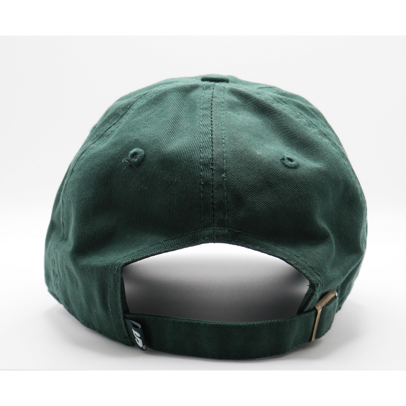 The back of a dark green ball cap hat that. The fastener at the back of the cap that adjusts the sizing is bronze in color. 