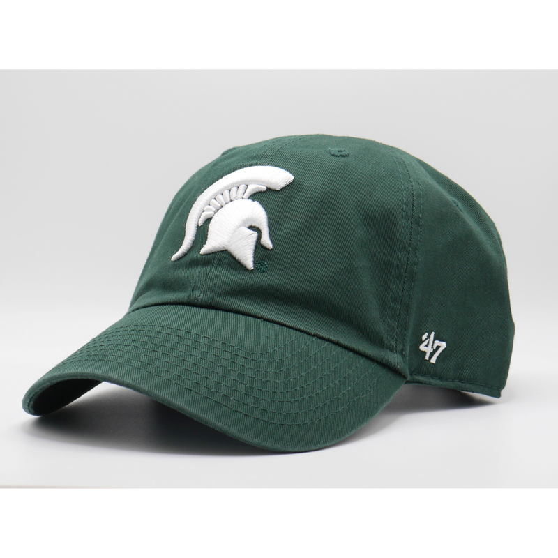 A dark green ball cap hat with a white MSU spartan helmet logo in the center. 