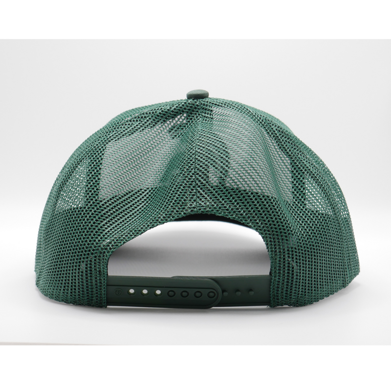 The back of a trucker-style ball cap hat that shows a rubber snap fastener to adjust the size. The back of the hat is dark green and has a translucent mesh material.