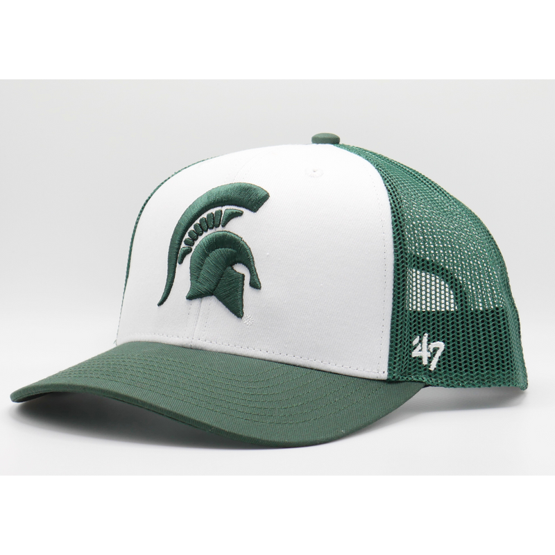 A trucker-style ball cap hat. The front half of the hat is white with a green bill. In the middle of the white center is a green MSU spartan helmet logo. The back half of the hat  is a translucent mesh material. 