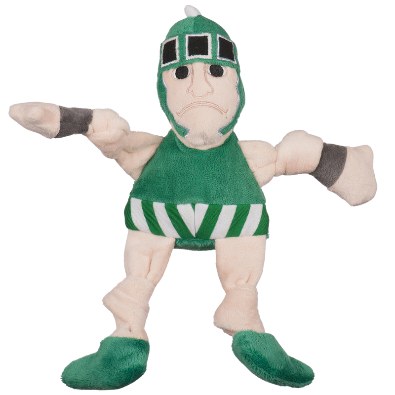 A plush dog toy that looks like the Michigan State University mascot, Sparty. 