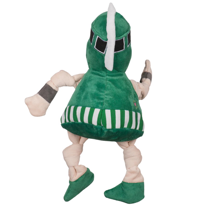 Back of a plush dog toy that looks like the Michigan State University mascot, Sparty. 