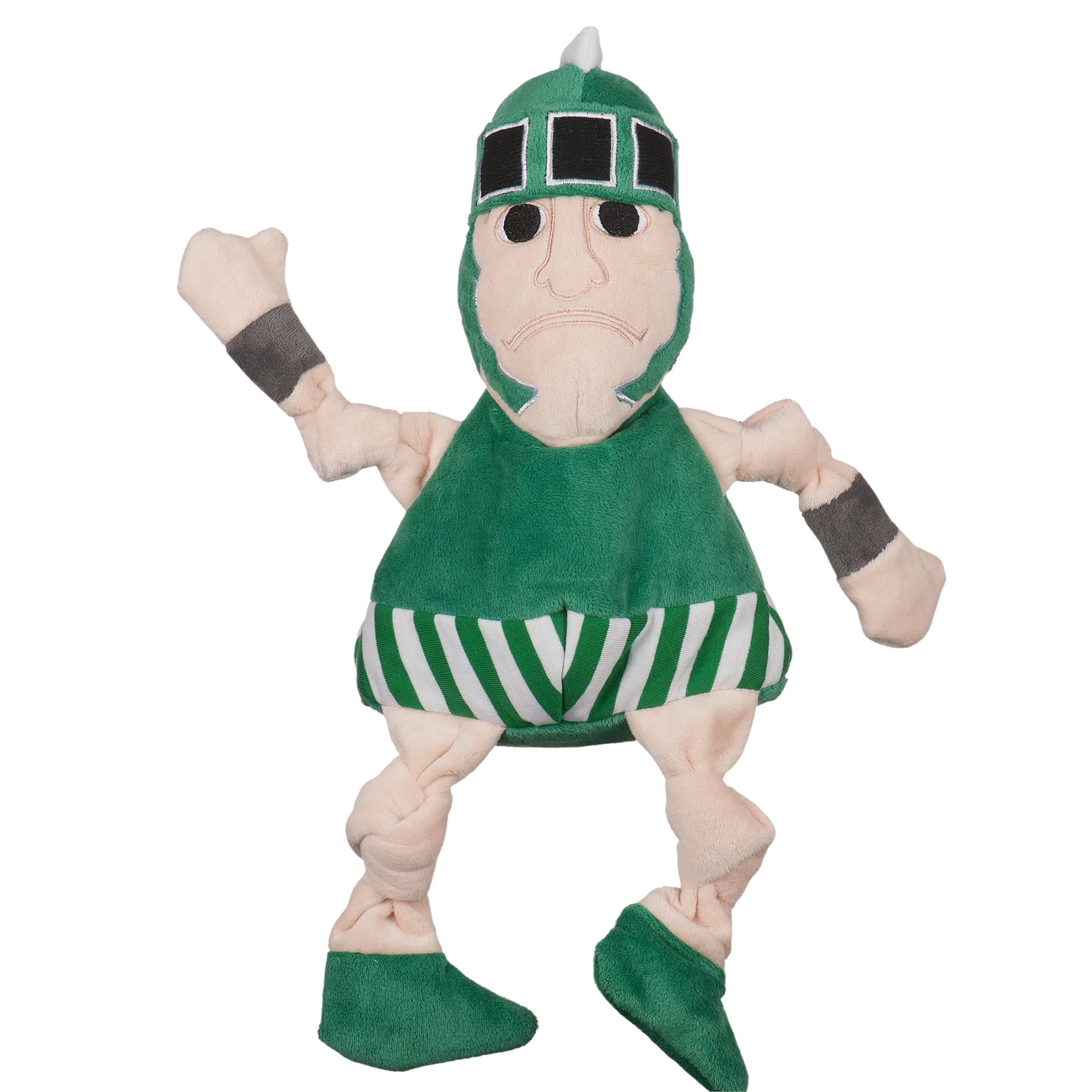 A plush dog toy that looks like the Michigan State University mascot, Sparty. 