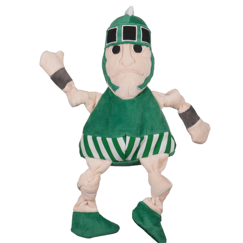 A plush dog toy that looks like the Michigan State University mascot, Sparty. 