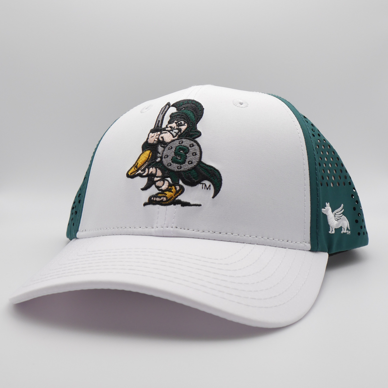 A ball cap with a white face and bill but green sides. On the face of the hat is a graphic of the Michigan State University mascot, Sparty, marching while carrying a sword and shield. 