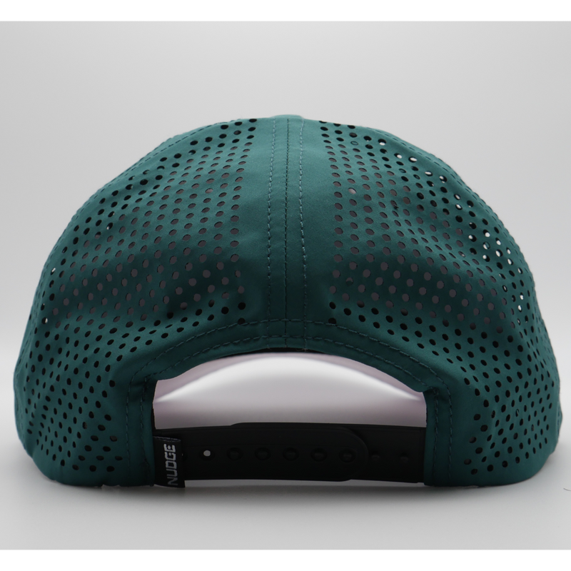 The back of a ball cap hat which is dark green in color. The back of the hat has small holes to allow for air flow, and an adjustable black sizing strap. 