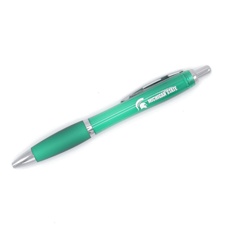 A green ballpoint pen. On the side of the pen, in white all caps text are the words "Michigan State". To the left of the text is a white MSU spartan helmet logo. 