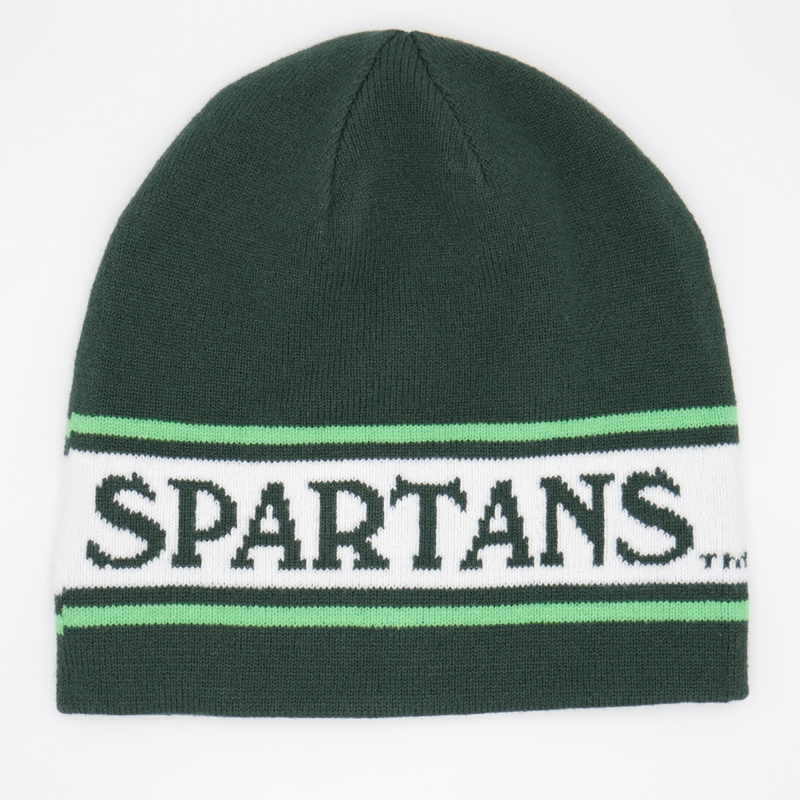 A dark green knitted beanie. Across the center of the beanie are two neon green lines. Between the lines is a larger white line with "Spartans" written in all caps inside the white line in dark green. 