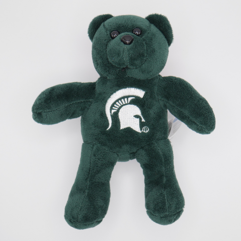 A green plush teddy bear. On the chest of the bear is a white MSU spartan helmet logo. 