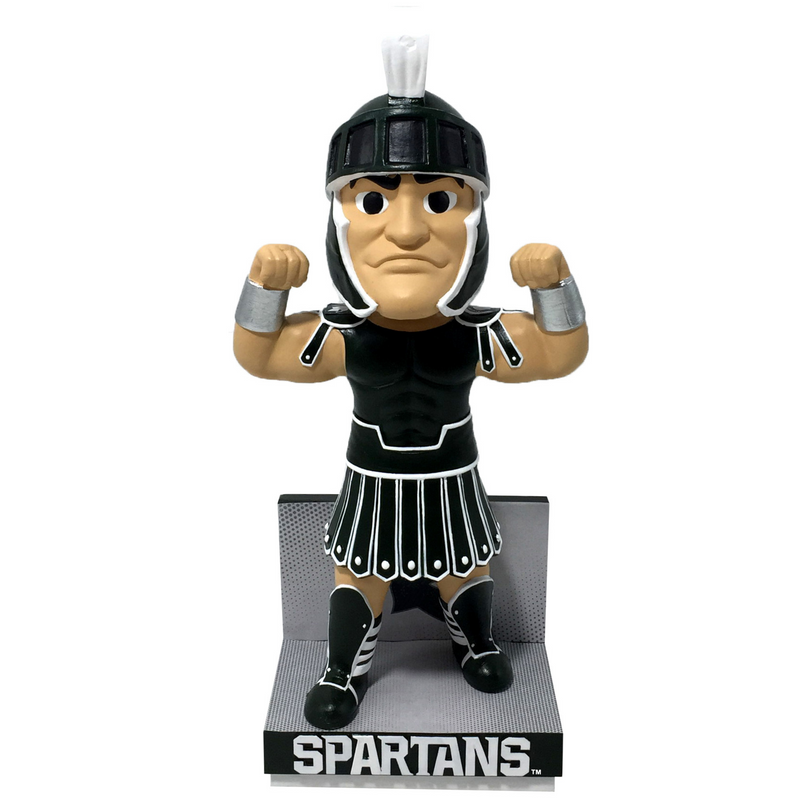 8" Sparty Mascot flexing both arms. Sparty is on a gray stand with a dark green facade that has athletic font spelling out "Spartans" in all caps.