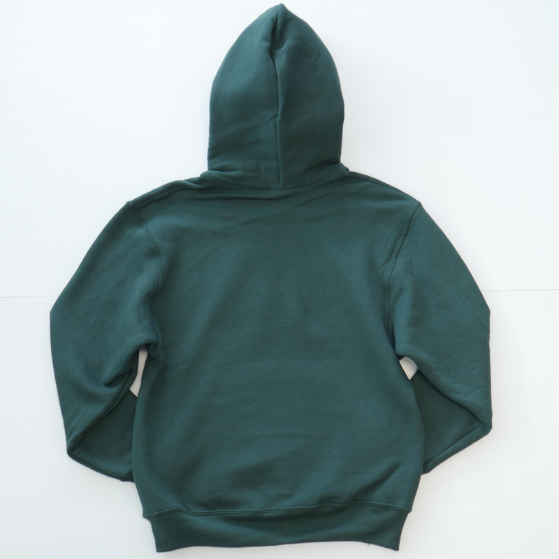 The back of a dark green youth-sized hoodie