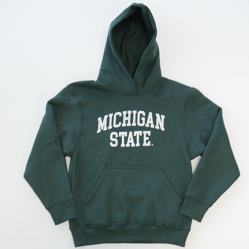 A dark green youth-sized hoodie with the words "Michigan State" written in caps in the center of the hoodie in white. 