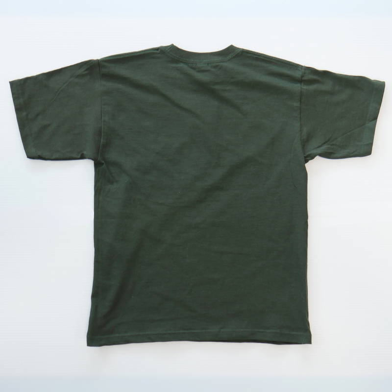 The back of a dark green youth-sized tee shirt