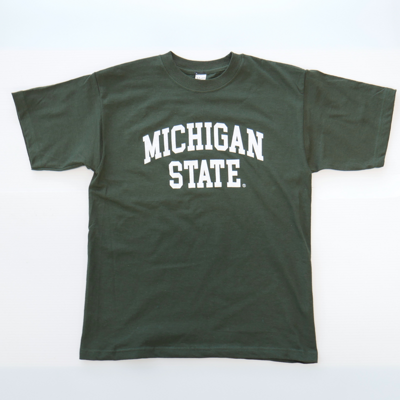 A dark green youth-sized tee shirt with the words "Michigan State" written in the center in all caps in white. 