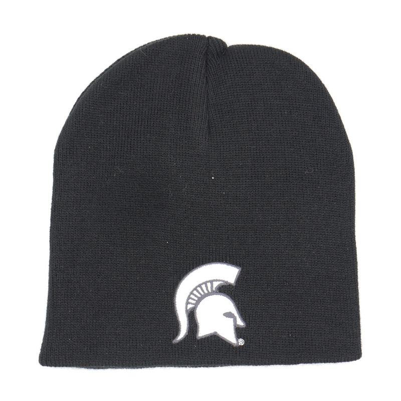 A black knit beanie hat with a white Michigan State spartan helmet logo in the lower center of the beanie. 