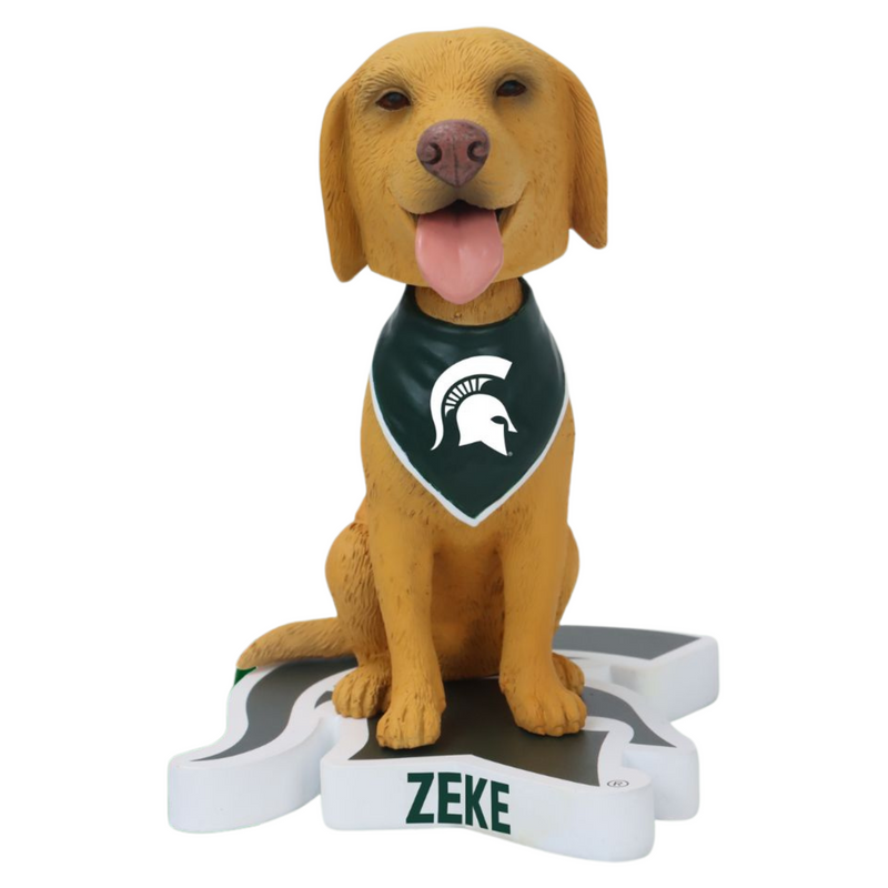 Zeke the Wonderdog bobblehead on top of a Spartan helmet base. Zeke is wearing a green bandana with white Spartan helmet.