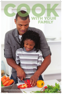 Cover of a poster titled "Cook with your family". The cover includes a father and daughter cooking in the kitchen together.