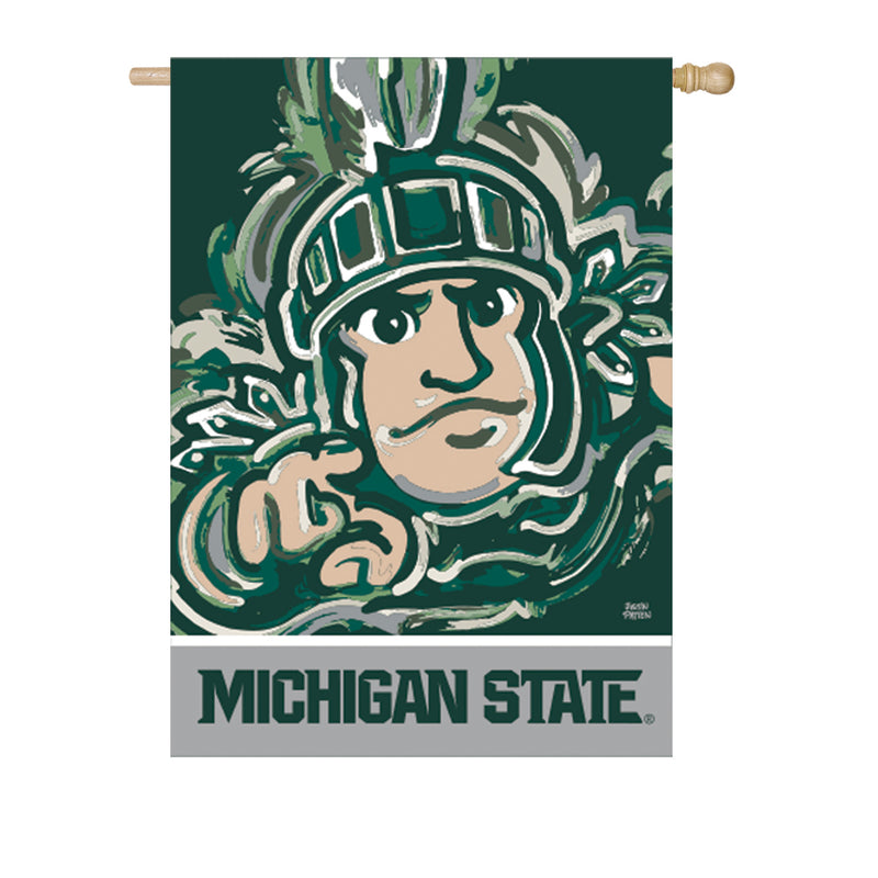 Rectangular flag. Vertical design. Artistic Sparty image with finger pointing. Grey bottom banner with Michigan State athletic text.