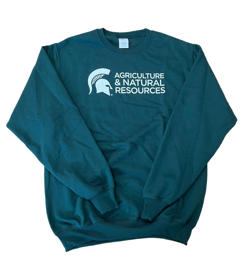 Forest green crewneck sweatshirt with long sleeves. Across the center chest is all-caps white text on three lines reading “Agriculture & Natural Resources.” To the left of the text is a white Spartan helmet. 