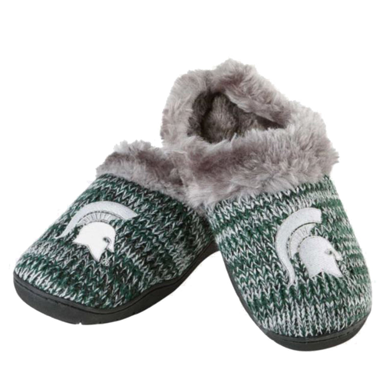 Green and white knit Michigan State slide on slippers with white Spartan helmet on foot top, rubber bottom, and gray fuzzy inside and cuff.