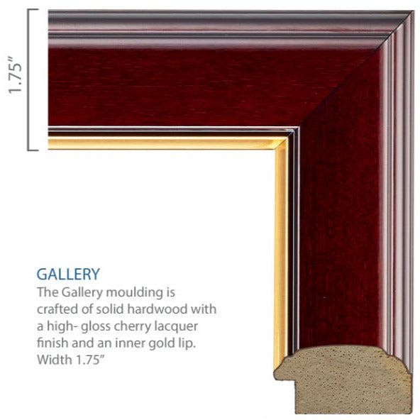 Corner of the Gallery moulding, which is a solid hardwood with a high-gloss cherry lacquer finish and an inner gold lip.