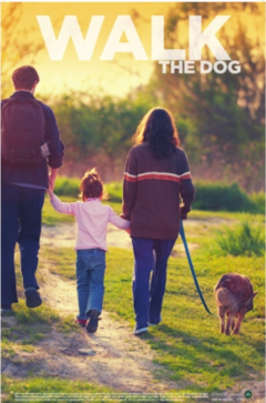 Cover of a poster with the words Walk the Dog. The poster shows a father, mother, and daughter walking their dog at sunset.