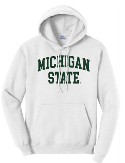 A white hooded sweatshirt with the words "Michigan State" written in the center in green and all caps font. 