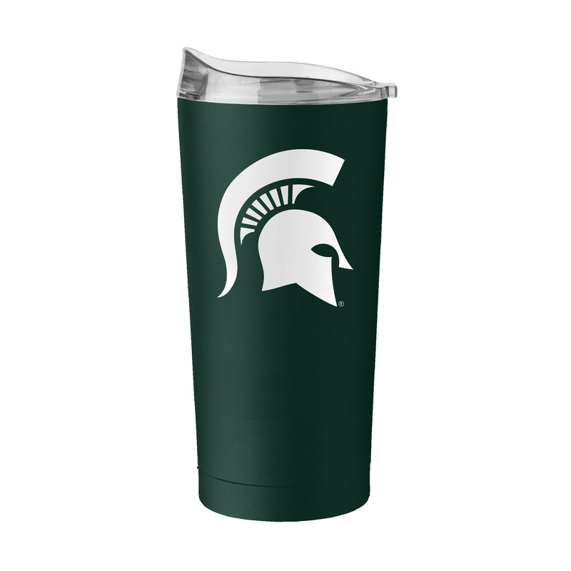 Forest green travel tumbler with a slight taper towards the based. On the front is a large white Spartan helmet just underneath the clear lid.
