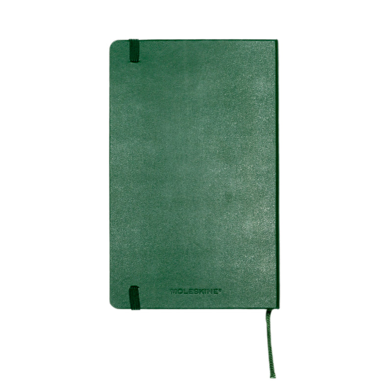 The back cover of a green, leather bound notebook. 