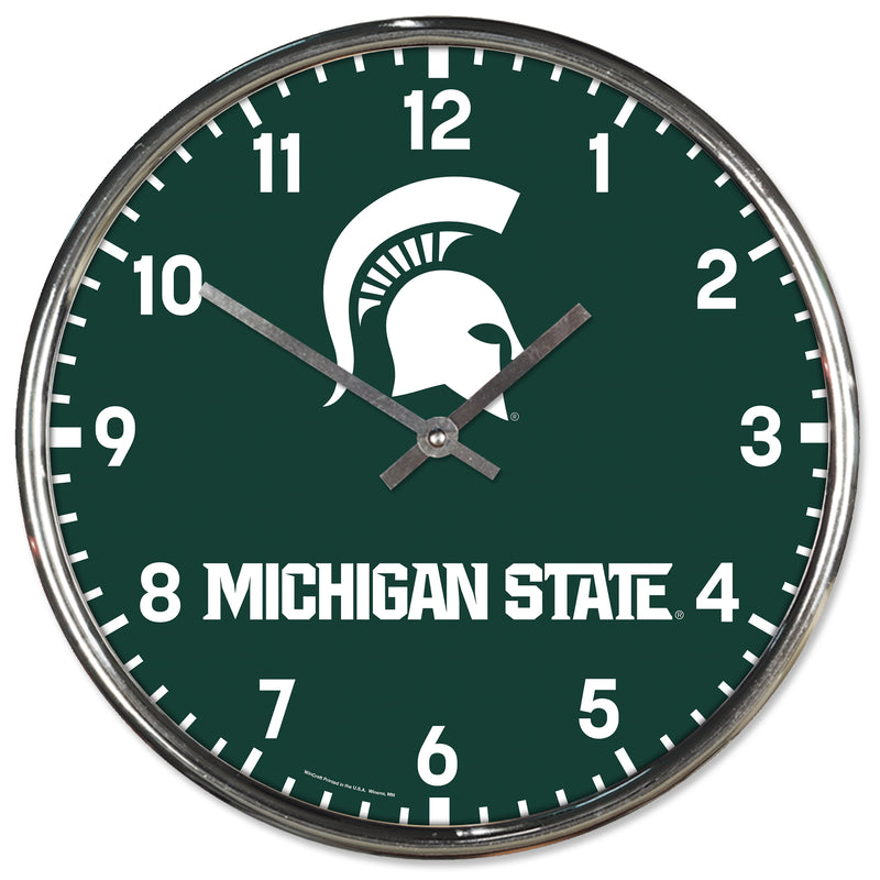 Clock with green face, white numbers, Spartan helmet, and Michigan State.