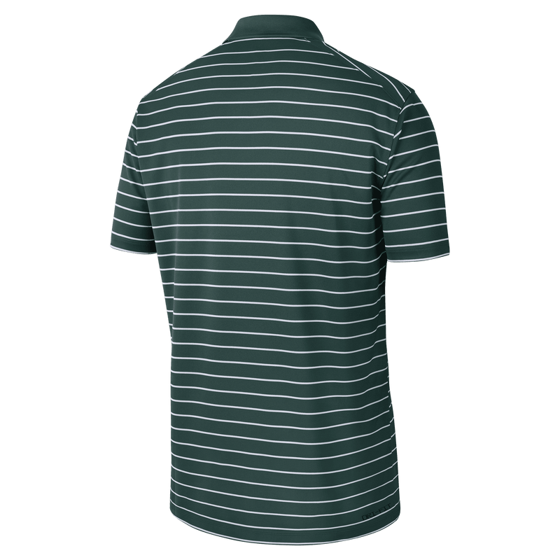 Back of a Forest green short-sleeved polo shirt with white horizontal pin stripes. The collar is solid green.