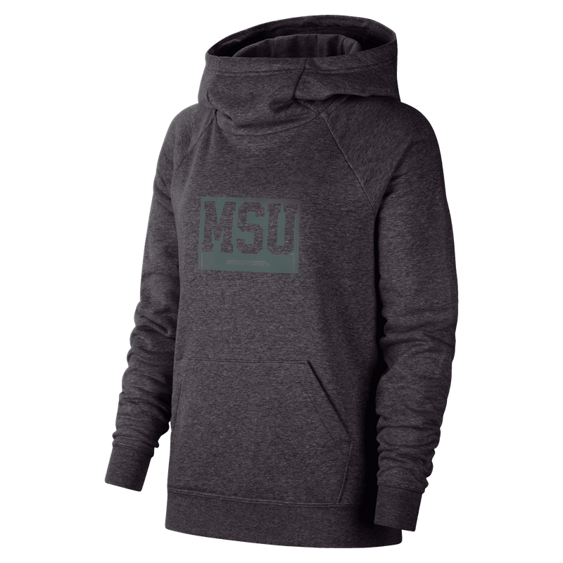 Charcoal hoodie with a cowl neckline leading to a hood. The sleeves are a raglan style and there's a large kangaroo pocket. On the center chest is a dark green rectangle with cutout letters reading MSU over a much smaller cutout reading Michigan State 