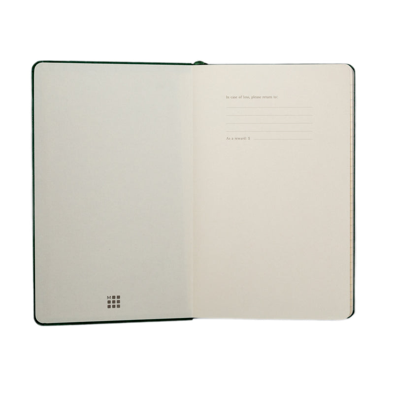 The front pages of a leather bound notebook.  The first page on the left is blank, while the second page on the right features an "if lost" and "reward" lines for writing. 