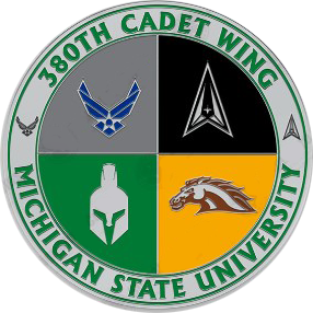 Back of the silver coin with an outer rign reading 380th cadet wing, Michigan State University. The center is divided into quadrants with the Air Force, Space Force, Spartan, and Bronco logos respectively.