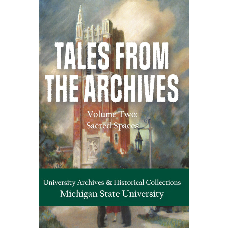 Cover of book with Tales from the Archives printed in white on a watercolor-style background image of Beaumont Tower