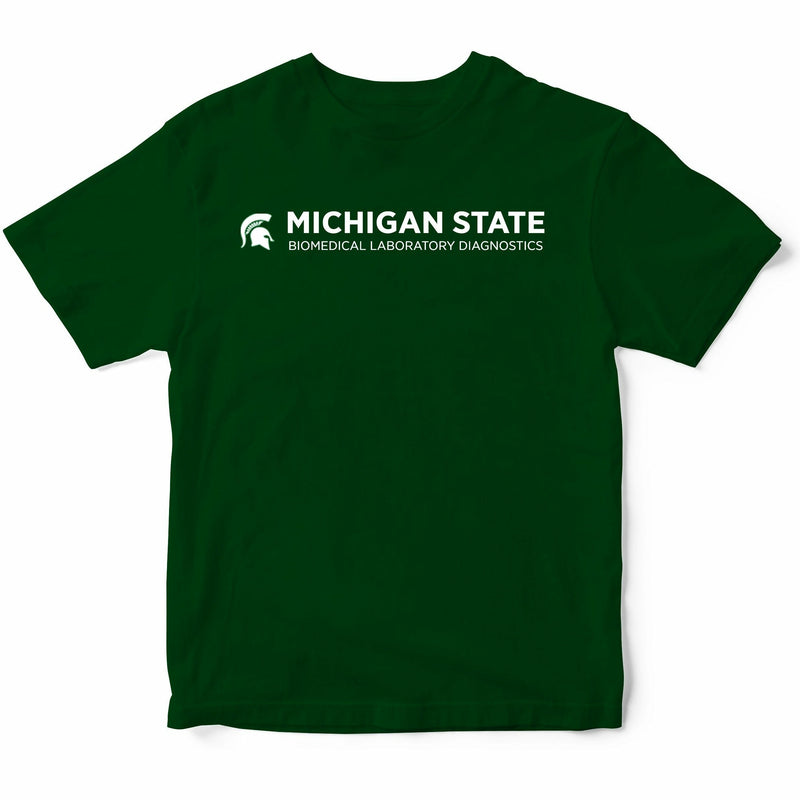 Forest green crewneck t-shirt with short sleeves. Across the center chest is text on two lines reading Michigan State (in bold) and Biomedical Laboratory Diagnostics. To the left of the text is a white Spartan helmet.