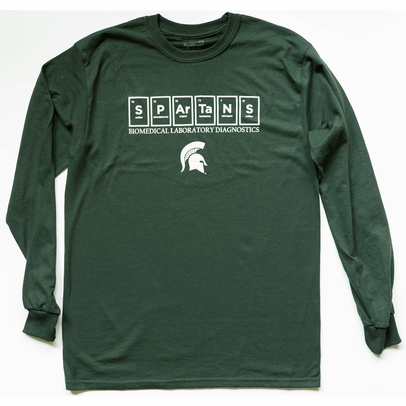 Forest green crewneck t-shirt with long sleeves. On the center chest ar six periodic table elements spelling out Spartans. Underneath, Biomedical Laboratory Diagnostics is written in all caps with a Spartan helmet centered underneath. All printing is in white.