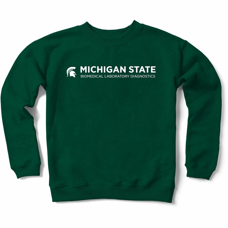 A forest green crewneck sweatshirt with the MSU Biomedical Laboratory Diagnostics signature logo displayed on the chest in white. 