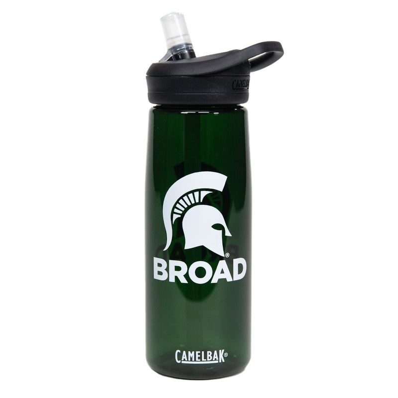 Dark clear green Camelbak water bottle imprinted with a white Spartan helmet and all caps reading Broad centered on both sides. Black cap has a loop for holding and a clear mouthpiece
